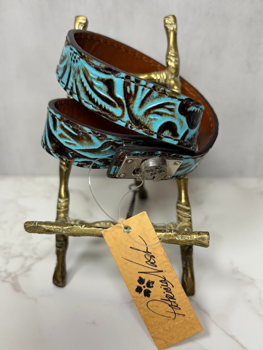 NWT Patricia Nash Turquoise & Brown Tooled Floral Leather Doublewrap Bracelet